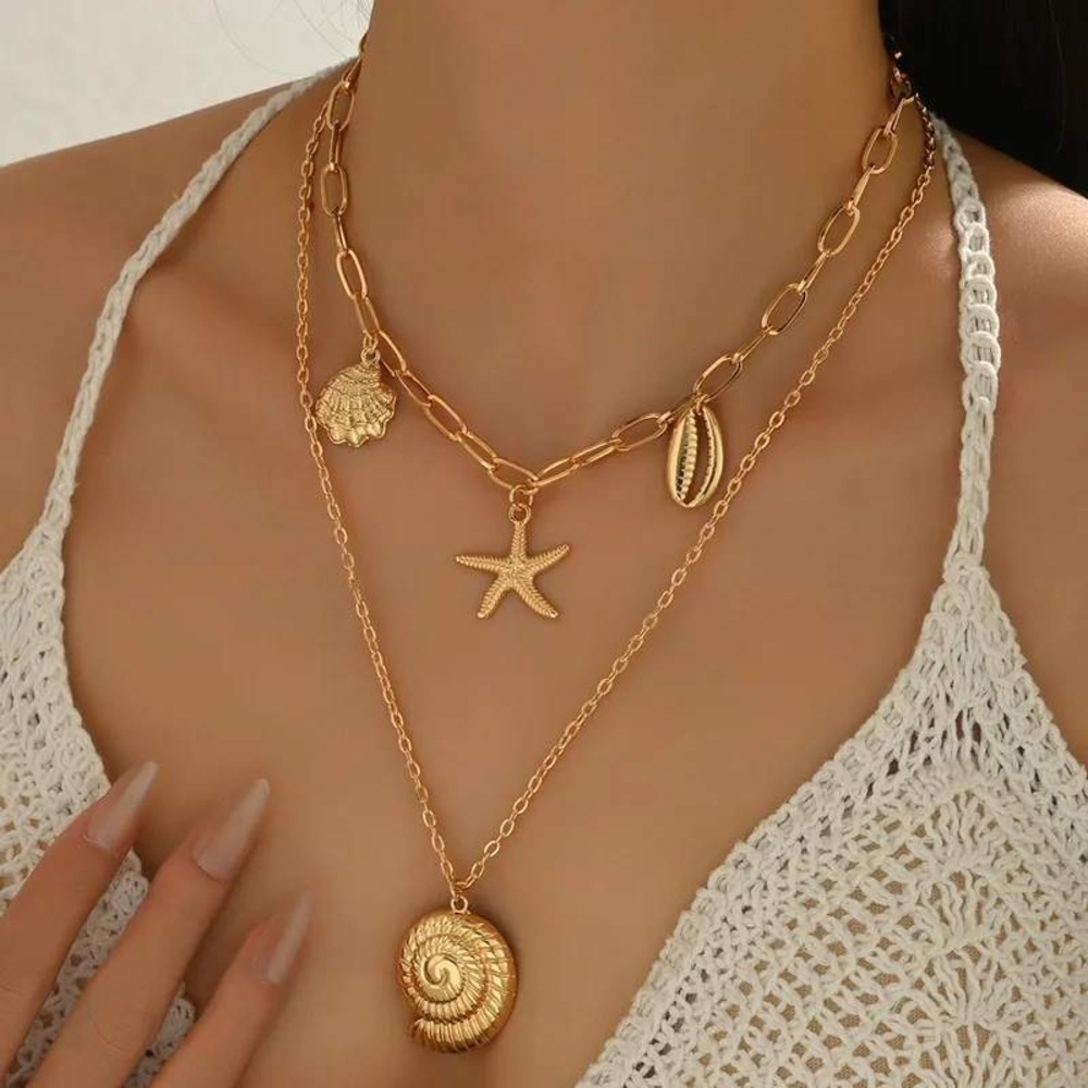 Layered Necklace OS Gold Starfish Shell Nautical Coastal Beach Minimal Chic